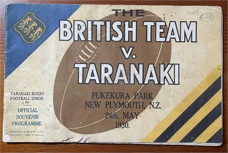 Rugby Union - Tour program Taranaki v British - NP 1930