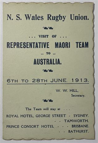 Rugby Union-Fixtures. 1913 Māori Team to Aust