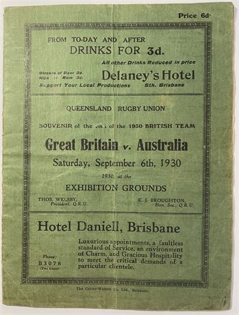 Rugby Union-Tour prog. 1930 Australian XV v Great Britain