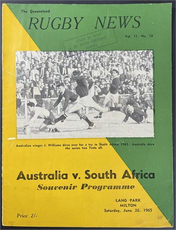 Rugby Union - Test prog. 1965 Aust v SA  2T Brisbane